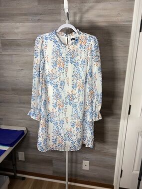 Long-Sleeve Floral Shift Dress in Cream with Blue & Peach Print 1633